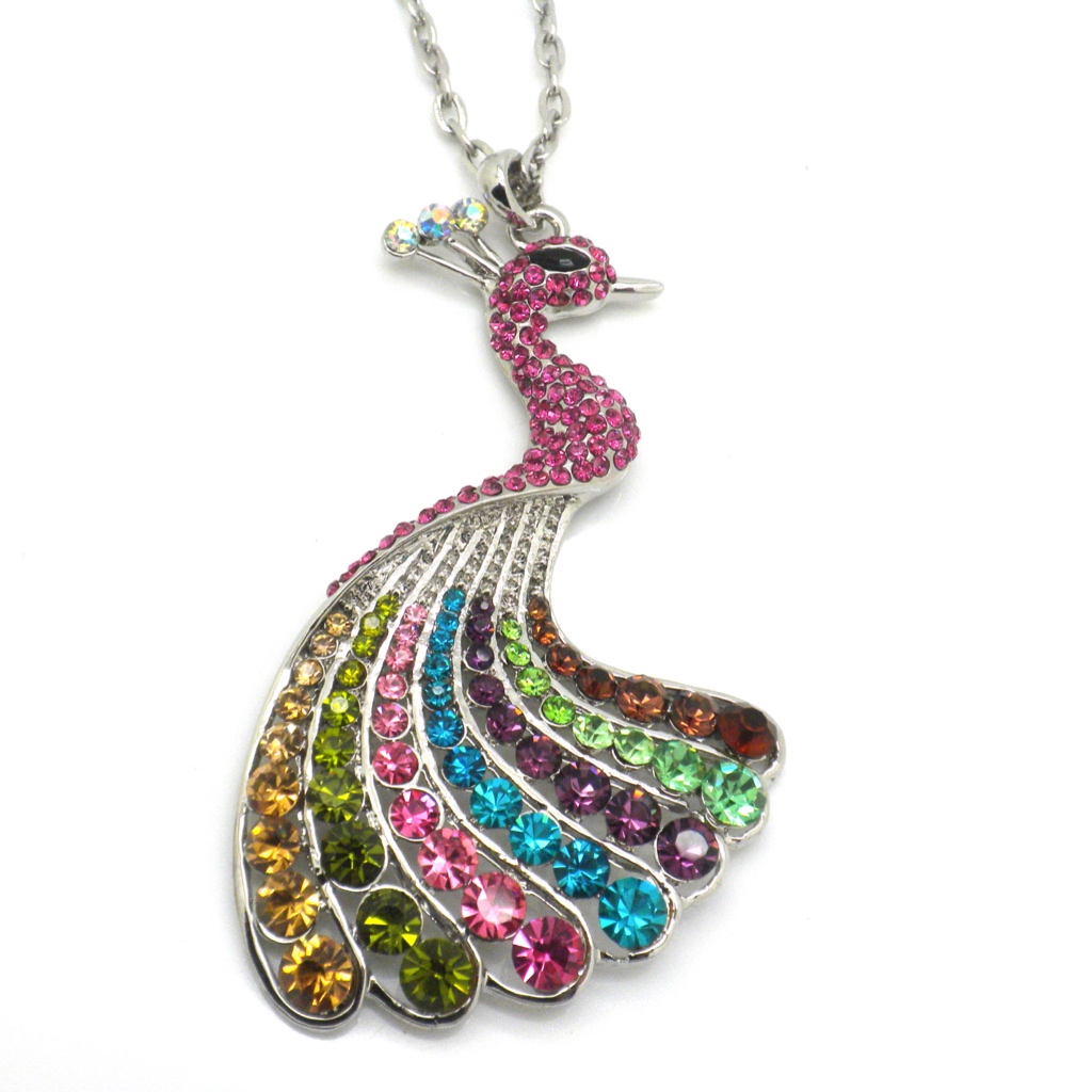 Large Peacock Necklace Silver Plated